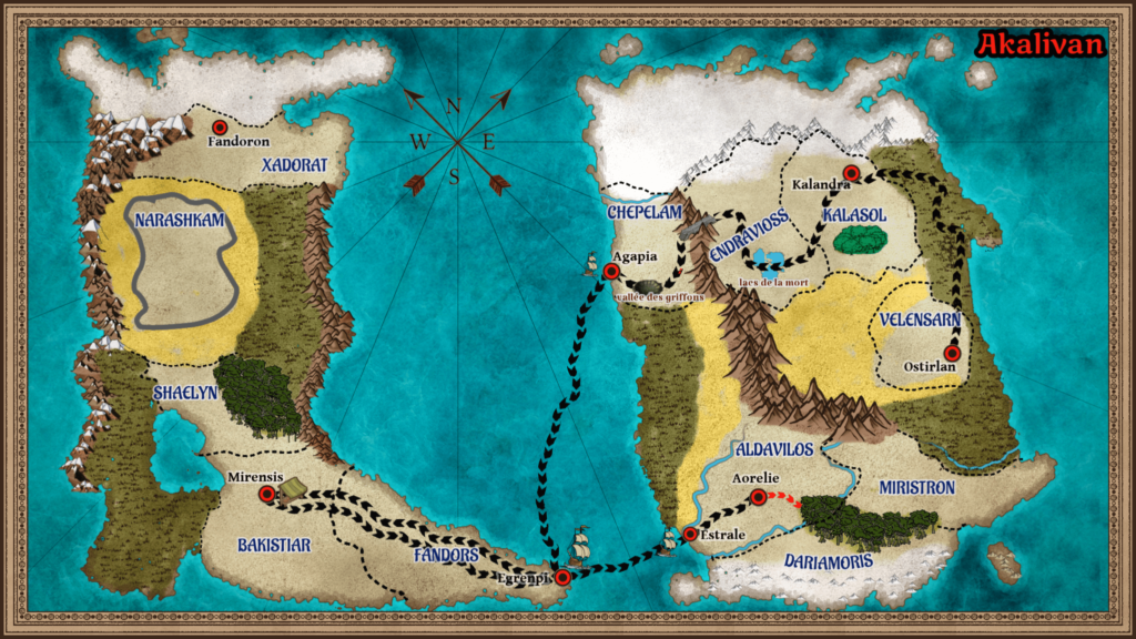 Carte d'Akalivan, monde magique de cette histoire de Fantasy, montrant le trajet parcouru par les héros pendant les neuf premiers chapitres