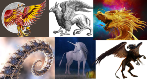Un phénix, une licorne, un dragon, un griffon, un kraken et un hippogriffe