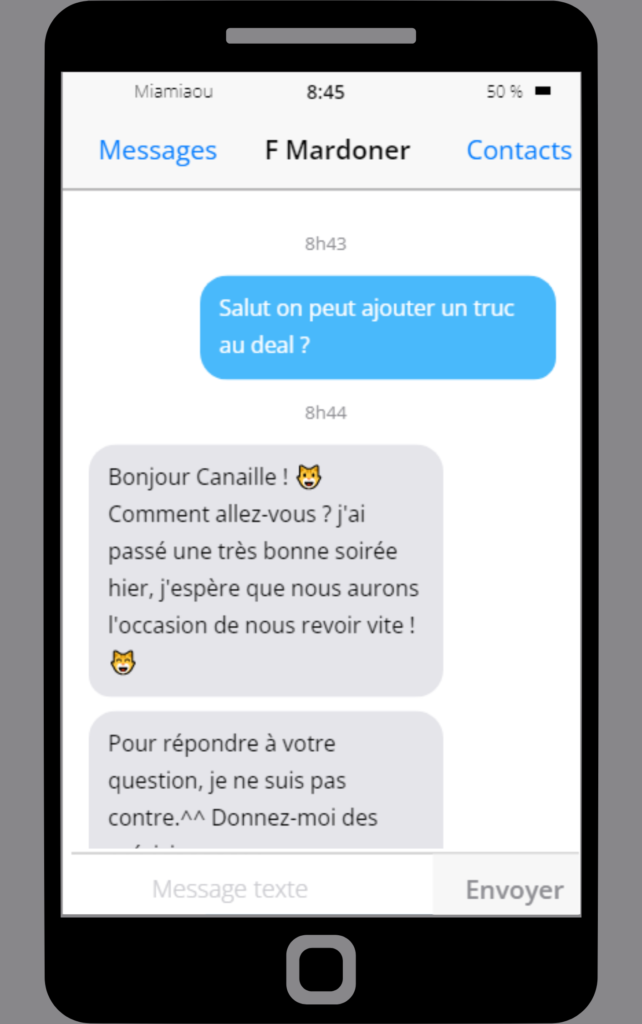 Faux échange de sms entre deux personnages de Le Contrat du Chocolat, histoire spéciale Pâques, partie 1