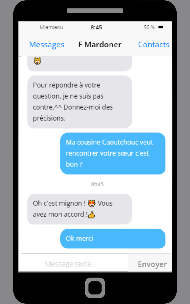 Faux échange de sms entre deux personnages de Le Contrat du Chocolat, histoire spéciale Pâques, partie 2
