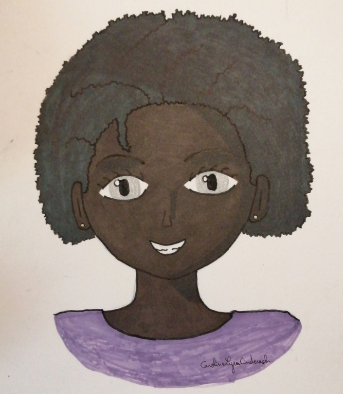 Dessin cartoon d'une petite fille à la peau noire avec des yeux gris et des cheveux crépus noirs. T-shirt mauve. Seuls le visage (de face), le cou et le haut du buste sont visibles.