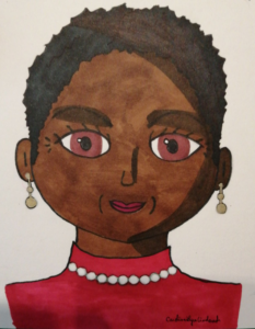 Dessin cartoon d'une femme assez âgée à la peau noire avec des yeux marron clair et des cheveux crépus noirs. Pull rouge, collier de perles. Seuls le visage (de face), le cou et le haut du buste sont visibles.