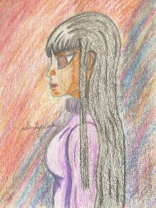 Dessin fait au crayon et crayons de couleur d'une femme de profil. Elle a des cheveux noirs, son œil visible est marron et elle porte un pull à col roulé violet. L'arrière-plan est un mélange de jaune, rouge, rose et orange pour une moitié, tandis que l'autre moitié est un mélange de bleu, orange, rouge, violet, violet foncé, jaune foncé (il est censé évoquer le jour et la nuit).