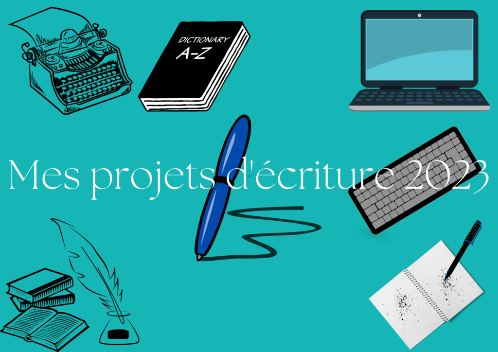 Bannière de l'article "Mes projets d'écriture 2023" Fond bleu-vert, avec des images un peu partout. Images : machine à écrire, dictionnaire, ordinateur, livres, encrier avec plume, stylo qui écrit, clavier, carnet