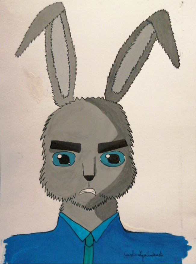 Portrait dessiné d'un lapin anthropomorphique au pelage gris et aux yeux bleus. Le haut d'une chemise bleue et d'une cravate verte sont visibles.