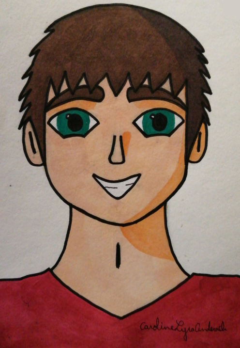 Dessin cartoon représentant un adolescent à la peau blanche, aux yeux verts et aux cheveux bruns.