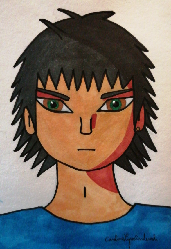 Dessin cartoon représentant un adolescent à la peau halée, aux yeux monopaupières noisette et aux cheveux noirs.