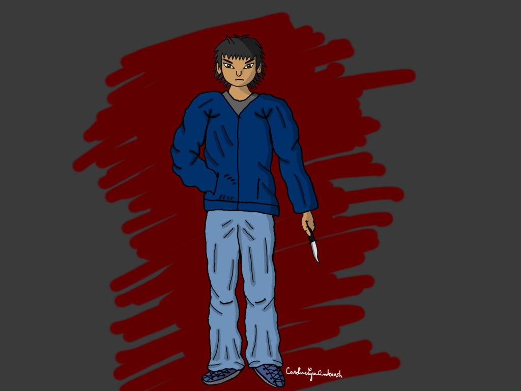 Dessin cartoon d'un adolescent tenant un couteau. Fond gris avec des coups de pinceau rouges.
