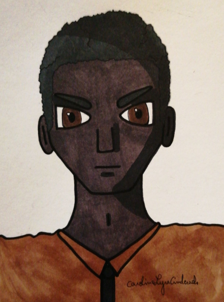Dessin cartoon représentant un homme à la peau noire, aux yeux marron foncé et aux cheveux noirs crépus.