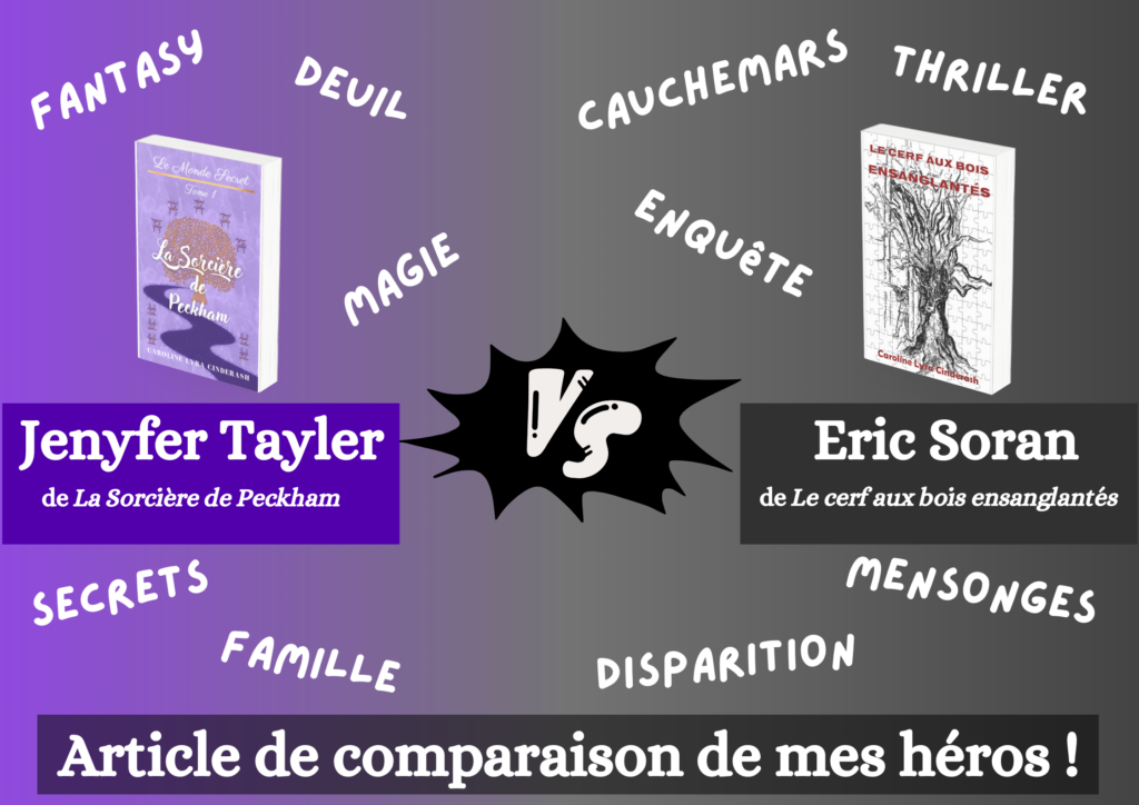 Bannière de l'article : dégradé de violet (à gauche) allant vers du gris (à droite). Jenyfer Tayler de la Sorcière de Peckham (à gauche) VS Eric Soran de Le cerf aux bois ensanglantés (à droite). Mots clés associés à La Sorcière de Peckham : Fantasy; Deuil, Magie, Secrets, Famille Mots clés associés à La cerf aux bois ensanglantés : Thriller, Cauchemars, Enquête, Disparition, Mensonges