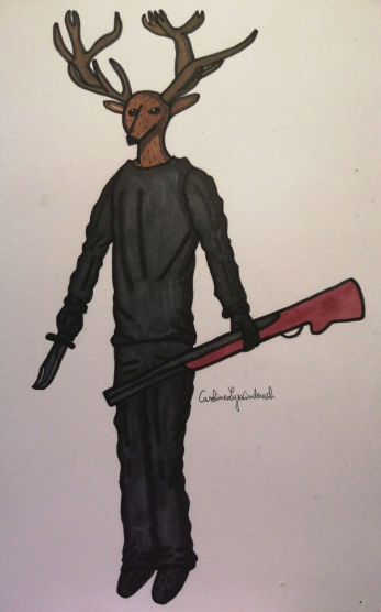 Dessin cartoon d'un homme avec une tête de cerf. Il tient un fusil dans sa main gauche et un couteau dans sa main droite. Il est habillé en noir.