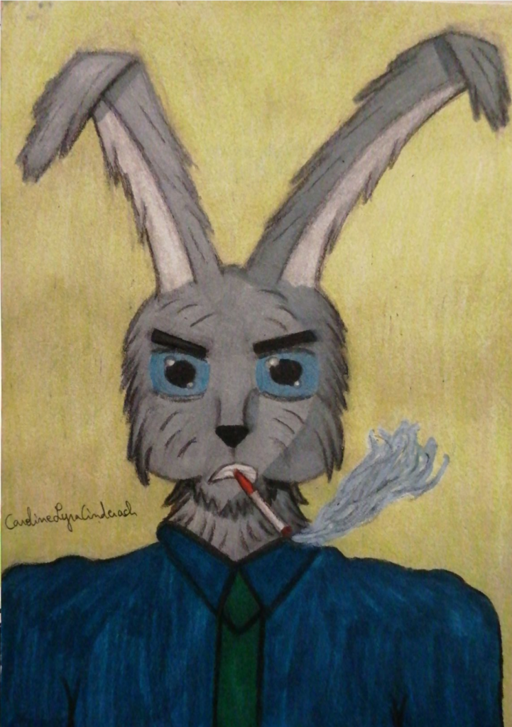 Dessin cartoon d'un lapin anthropomorphique au pelage gris. Ses yeux sont bleus, et il fume une cigarette. Il porte une chemise bleue, avec une cravate verte. Dessin de face, réalisé avec un crayon à papier, puis colorié aux crayons de couleur et repassé avec des feutres.