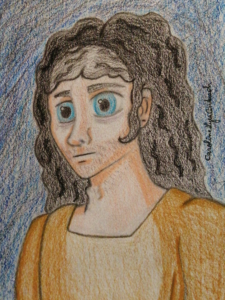 Portrait cartoon d'un homme à la peau blanche, aux yeux bleus et aux longs cheveux noirs et bouclés. Seuls son visage et son torse sont visibles. Il porte un pull ample beige. Dessin réalisé avec crayon et crayons de couleur.