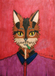 Dessin cartoon d'un chat anthropomorphique, vu de face. Il fume un joint. Il a un pelage marron - beige, avec des rayures noires. Il a des yeux jaunes, et porte une chemise violette avec une cravate rouge. L'arrière-plan est rouge. Le dessin a été réalisé au crayon à papier, puis colorié aux crayons de couleur et repassé avec des feutres.