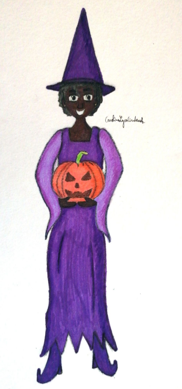 Dessin de Jenyfer déguisée en sorcière avec une robe violette et un chapeau pointu de la même couleur. Elle se tient de face et porte dans ses mains une citrouille orange, avec yeux et sourire gravés.