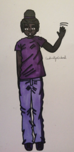 Dessin de Jenyfer qui fait un coucou avec sa main droite. Ses cheveux sont rassemblés en un petit chignon. Elel a un t-shirt violet et un pantalon mauve. Dessin de face, style cartoon.