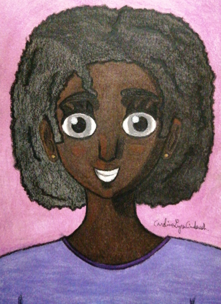 Dessin cartoon d'une petite fille à la peau noire avec des yeux gris et des cheveux crépus noirs. Elle porte un t-shirt violet, dont on ne voit que le haut. Dessin réalisé au crayon à papier, colorié avec des crayons de couleur puis repassé avec des feutres. Un peu de peinture a été utilisée pour les yeux.