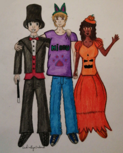 Dessin spécial Halloween de Seth, Dominique et Chandaki. Seth et Dominique ont chacun un bras sur les épaules de l'autre, et Dominique tient Chandaki par la main. Seth est déguisé en prestidigitateur (veste, pantalons, chaussures et haut de forme noirs, chemise blanche, gilet rouge). Il tient une baguette dans sa main libre. Dominique est déguisé en "chat" (c'est à dire qu'il porte un t-shirt violet avec "MIAOU" écrit dessus, et avec le dessin d'une patte de chat.). Il porte aussi un jean bleu, et, sur la tête, un serre-tête avec deux oreilles de chat violettes. Chandaki est déguisée en citrouille, et porte ainsi une longue robe orange bouffante, avec les yeux et le sourire d'une citrouille d'Halloween imprimés dessus. Elle a aussi un chapeau et des chaussures en forme de citrouille.