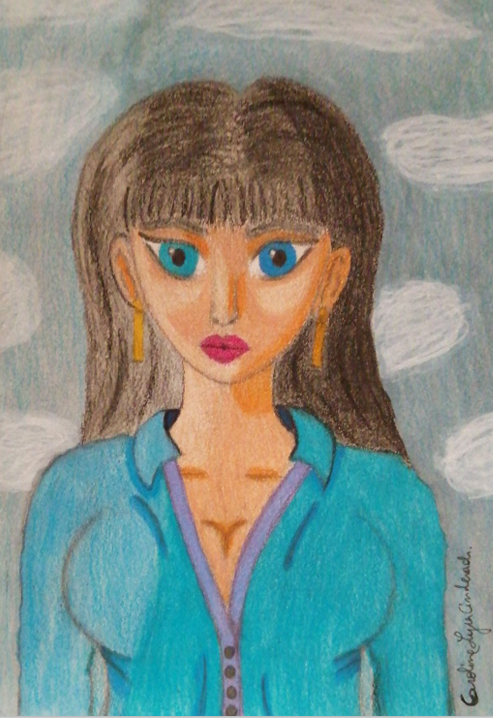 Dessin cartoon d'une femme de face, avec des yeux bleus et des cheveux noirs. Elle porte une chemise bleue, légèrement ouverte, et des boucles d'oreilles en or. L'arrière-plan est bleu avec des nuages blancs. Dessin réalisé au crayon à papier, colorié avec des crayons de couleur, et repassé avec des feutres.