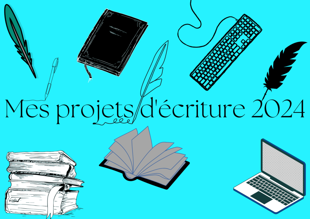 Bannière de l’article “Mes projets d’écriture 2024" Fond : turquoise, avec des images en nuances de gris en arrière-plan. Images, de gauche à droite : plume, stylo, carnet, plume, clavier, plume, tas de livres, livre ouvert, ordinateur portable