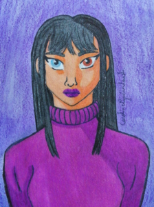 Dessin fait au crayon, crayons de couleur et feutres d'une femme de face. Elle a des cheveux noirs et des yeux de deux couleurs différentes : l'œil gauche est marron, l'œil droit est bleu très clair. Elle porte un pull à col roulé violet. L'arrière-plan est également violet, plus foncé.