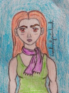 Dessin cartoon d'Ahsley, une adolescente à la peau blanche, aux cheveux roux et aux yeux tirant sur le rouge. Elle porte une écharpe violette et un débardeur vert. Elle hausse un sourcil et fait un peu la moue. Portrait de face, réalisé au crayon à papier et colorisé avec des crayons de couleur.