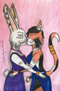 Dessin montrant Sweetie (chatte anthropomorphique tricolore, en robe de soirée bleue) et Caoutchouc (lapine anthropomorphique blanche avec une tâche grise sur le cou et le ventre, en tenue de soirée violette) en train de s'embrasser; Dessin réalisé au crayon à papier, crayons de couleurs et repassé avec des feutres.