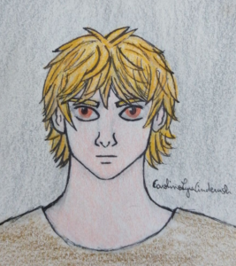 Portrait cartoon d'un homme à la peau blanche, aux cheveux blonds et aux yeux marron. Le visage et les épaules son visibles. Il porte un haut marron-gris et l'arrière plan est gris clair. Dessin de face, réalisé avec un crayon à papier et colorié aux crayons de couleur.