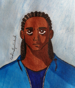 Dessin cartoon de face d'un homme à la peau noire et aux yeux marron. Il a des tresses noires et des vêtements bleus (un t-shirt sous une veste de jogging). Sa tête et le haut de son buste sont visibles. Dessin fait au crayon à papier, colorié aux crayons de couleur et repassé aux feutres.