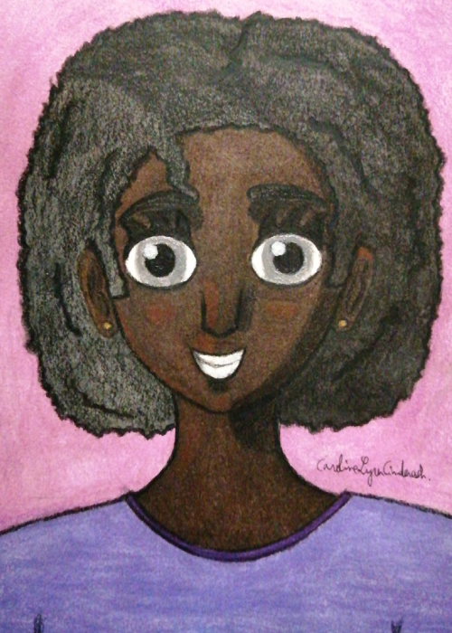 Dessin cartoon d'une petite fille à la peau noire avec des yeux gris et des cheveux crépus noirs. Elle porte un t-shirt violet, dont on ne voit que le haut. Dessin réalisé au crayon à papier, colorié avec des crayons de couleur puis repassé avec des feutres. Un peu de peinture a été utilisée pour les yeux.